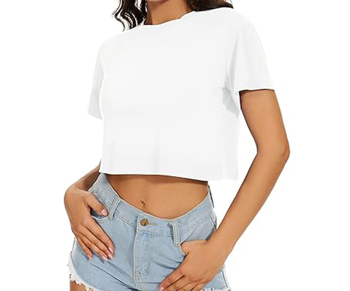 White bamboo cotton women's crop top with short sleeves, perfect for workouts or casual wear.