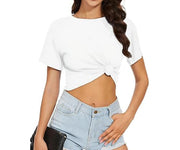 Moisture-wicking white crop top for women featuring a soft and stretchable fabric blend.