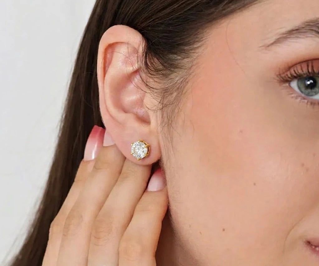 white zircon stud earrings for women with 5mm brilliant cut gemstone, 14kt yellow gold plated brass, lightweight birthstone earrings for everyday wear and gifting