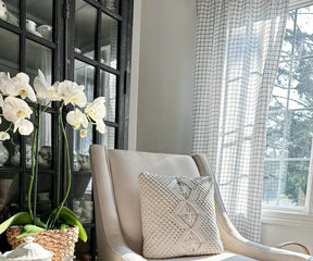 White 100% linen curtains with subtle stripe detail, styled in a bright living room