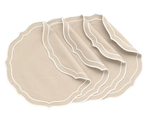 Set of 4 beige cotton round placemats with scalloped edge