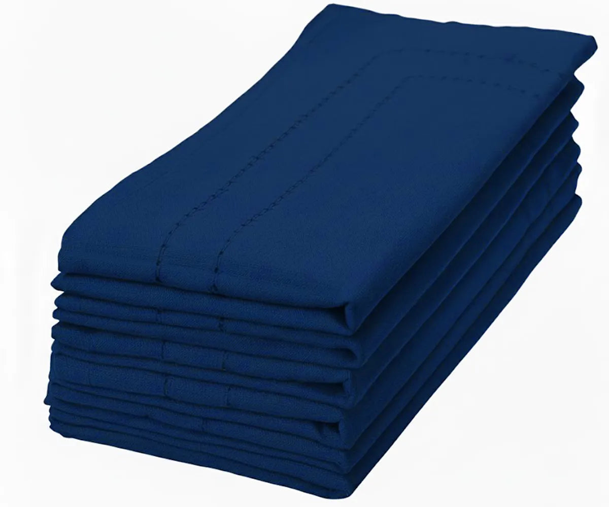 Dark blue cotton napkin with a classic double hemstitch border, perfect for upscale or casual table décor.