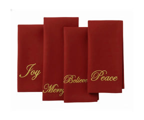 Elegant dark red cotton napkins with embroidered festive phrases, designed for Christmas tables, holiday parties, and seasonal celebrations
