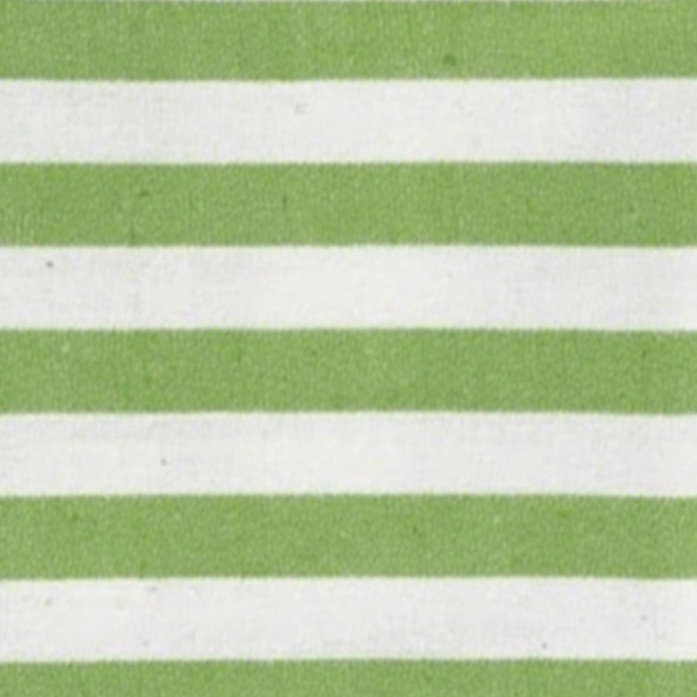 Close-up detail of light green and white horizontal striped cotton fabric for a cushion cover, showing the woven texture.