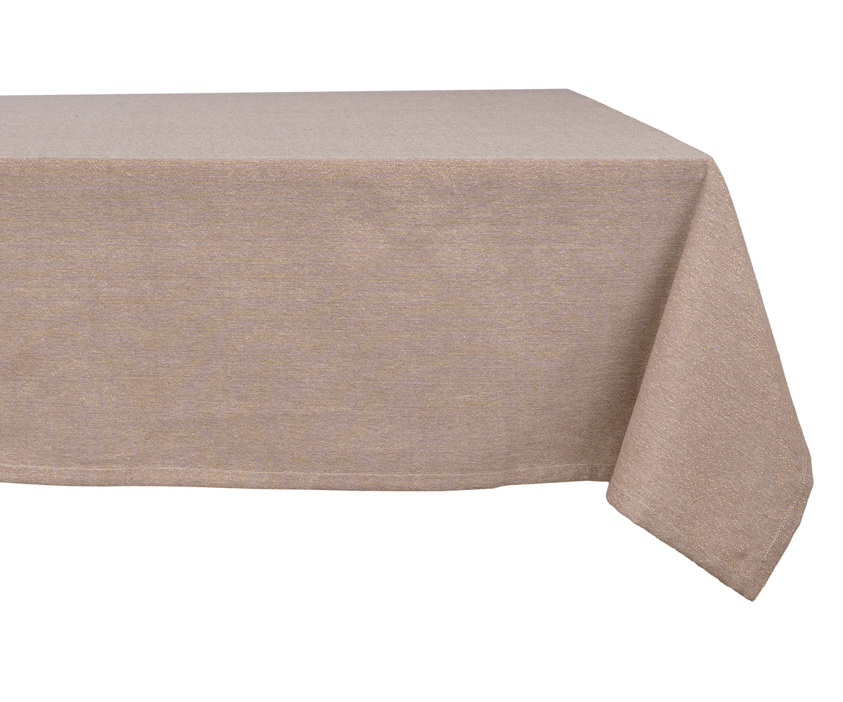 Elegant dark beige 100% cotton tablecloth styled on a modern dining table with neutral décor accents.
