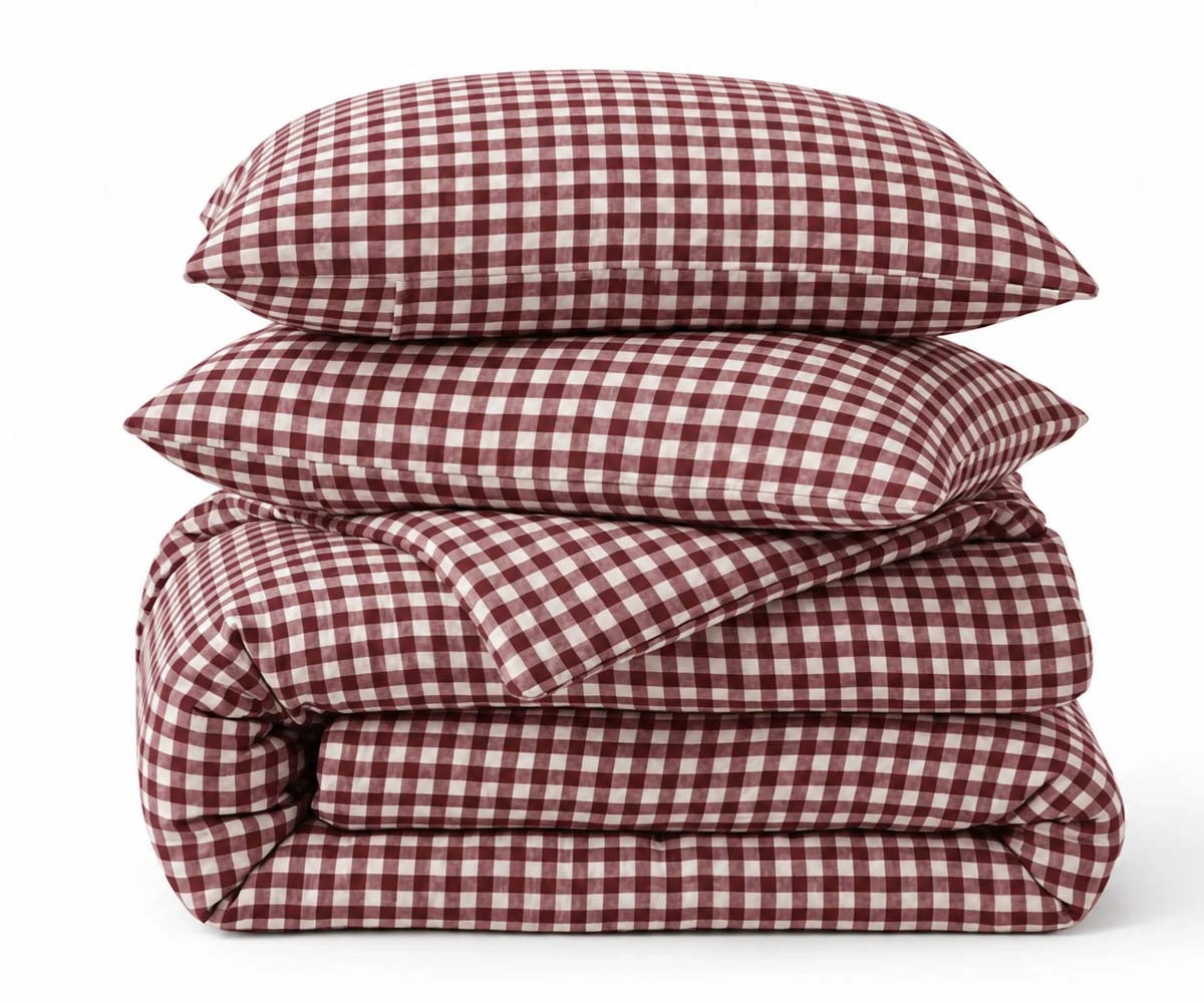 Dark red and white gingham duvet cover set in European linen, warm rustic bedding for a cozy bedroom