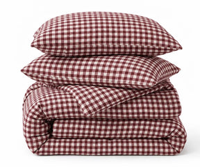 Dark red and white gingham duvet cover set in European linen, warm rustic bedding for a cozy bedroom