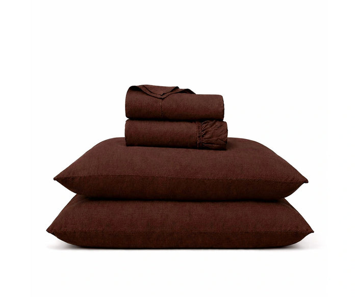Dark brown European flax linen sheet set, earthy luxury bedding with breathable stonewashed linen fitted sheet