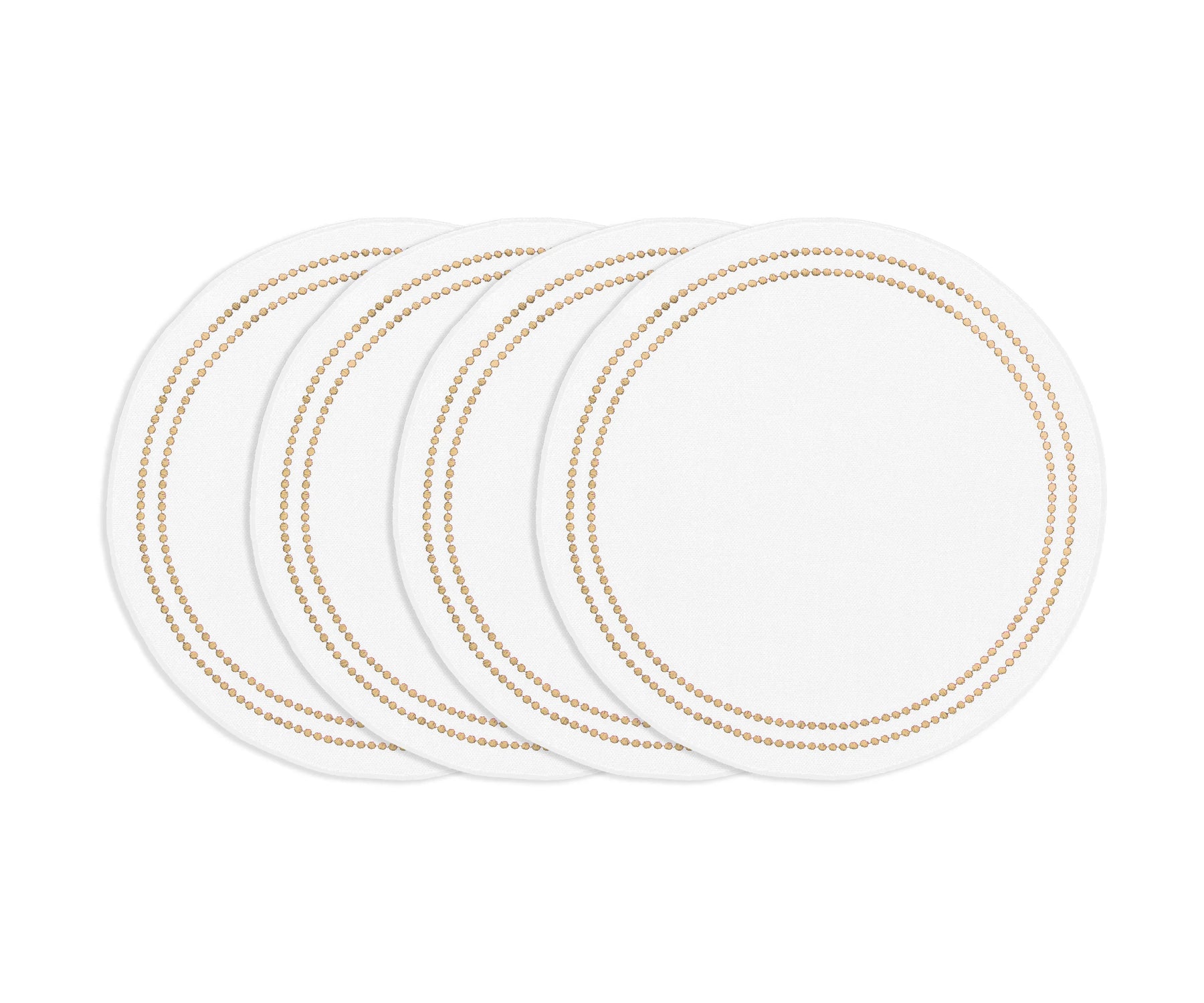 Beige round cotton placemat with white embroidery and pearl accents, timeless washable embroidered dining placemat.