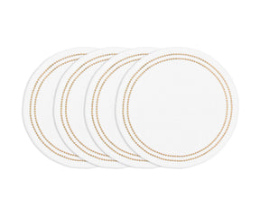 Beige round cotton placemat with white embroidery and pearl accents, timeless washable embroidered dining placemat.