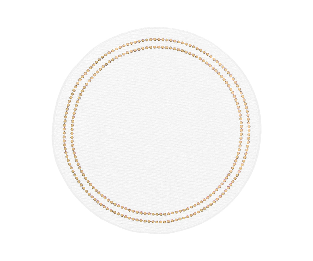 Beige round cotton placemats with delicate pearl-inspired embroidery, soft and durable, perfect for protecting tables while adding elegance to everyday meals and special occasions.
