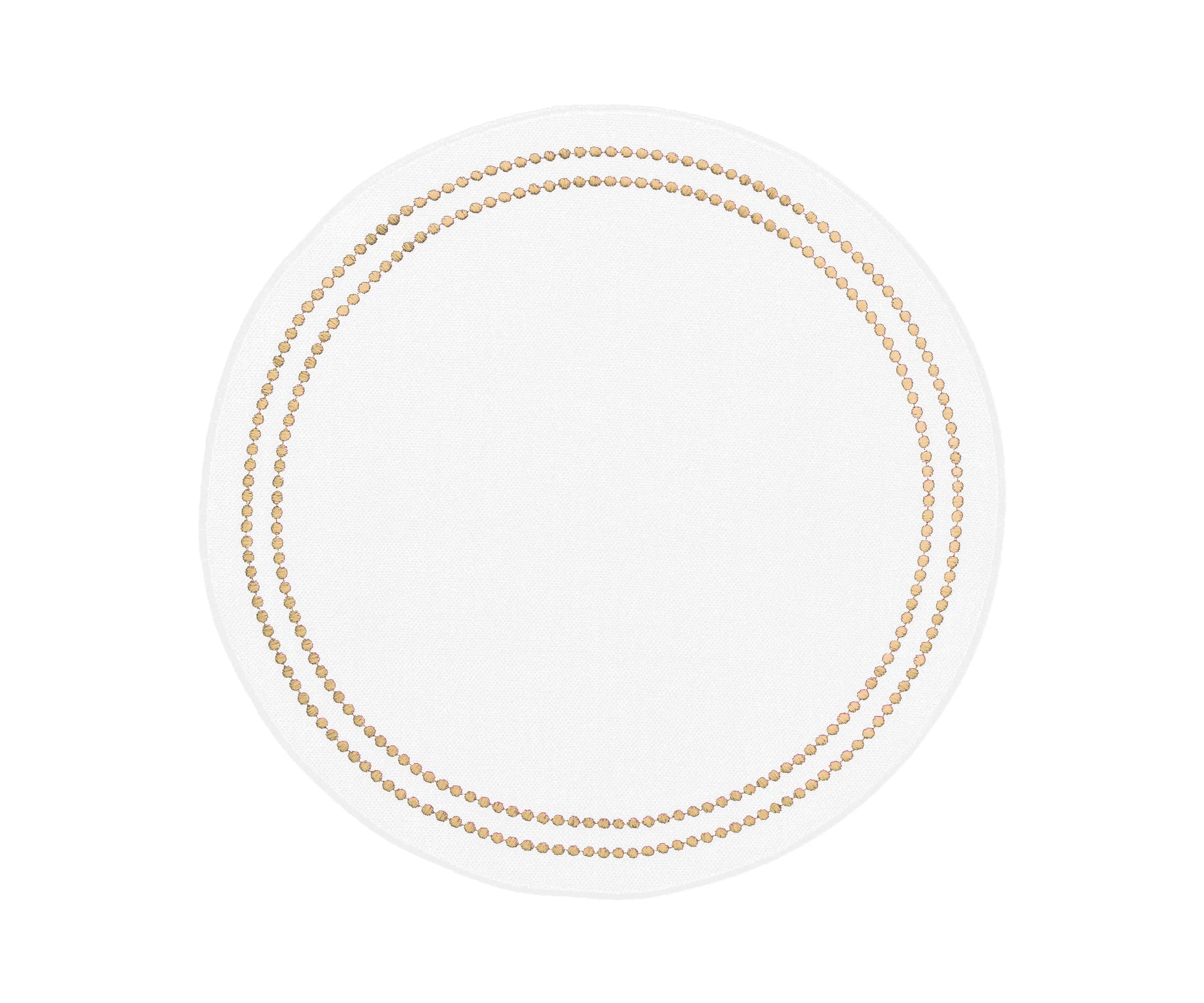 Beige round cotton placemats with delicate pearl-inspired embroidery, soft and durable, perfect for protecting tables while adding elegance to everyday meals and special occasions.