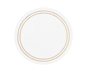 Beige round cotton placemats with delicate pearl-inspired embroidery, soft and durable, perfect for protecting tables while adding elegance to everyday meals and special occasions.