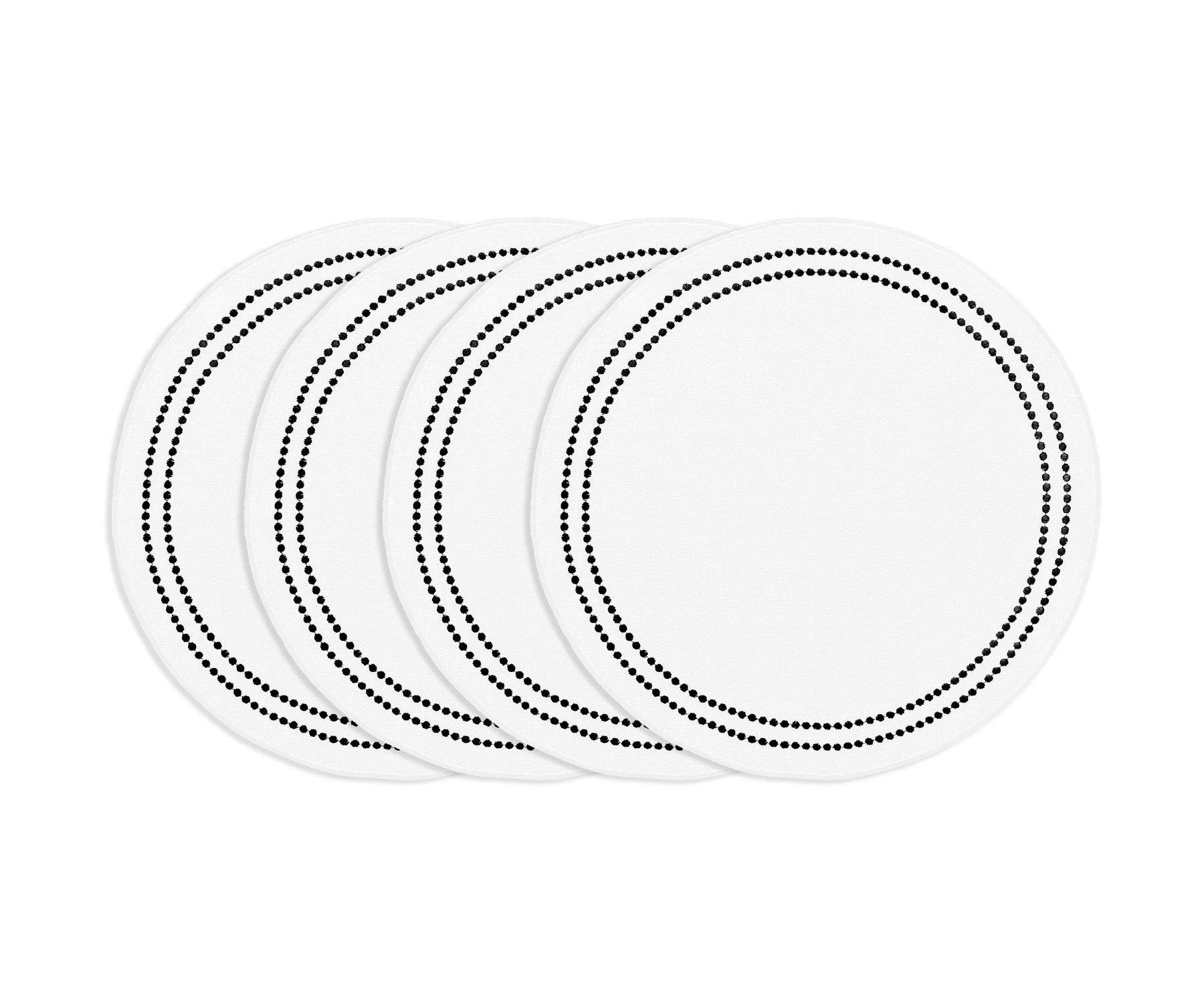 Black round cotton placemat with white embroidery and pearl accents, elegant washable embroidered table mat for meals.