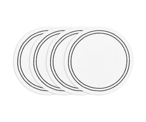 Black round cotton placemat with white embroidery and pearl accents, elegant washable embroidered table mat for meals.