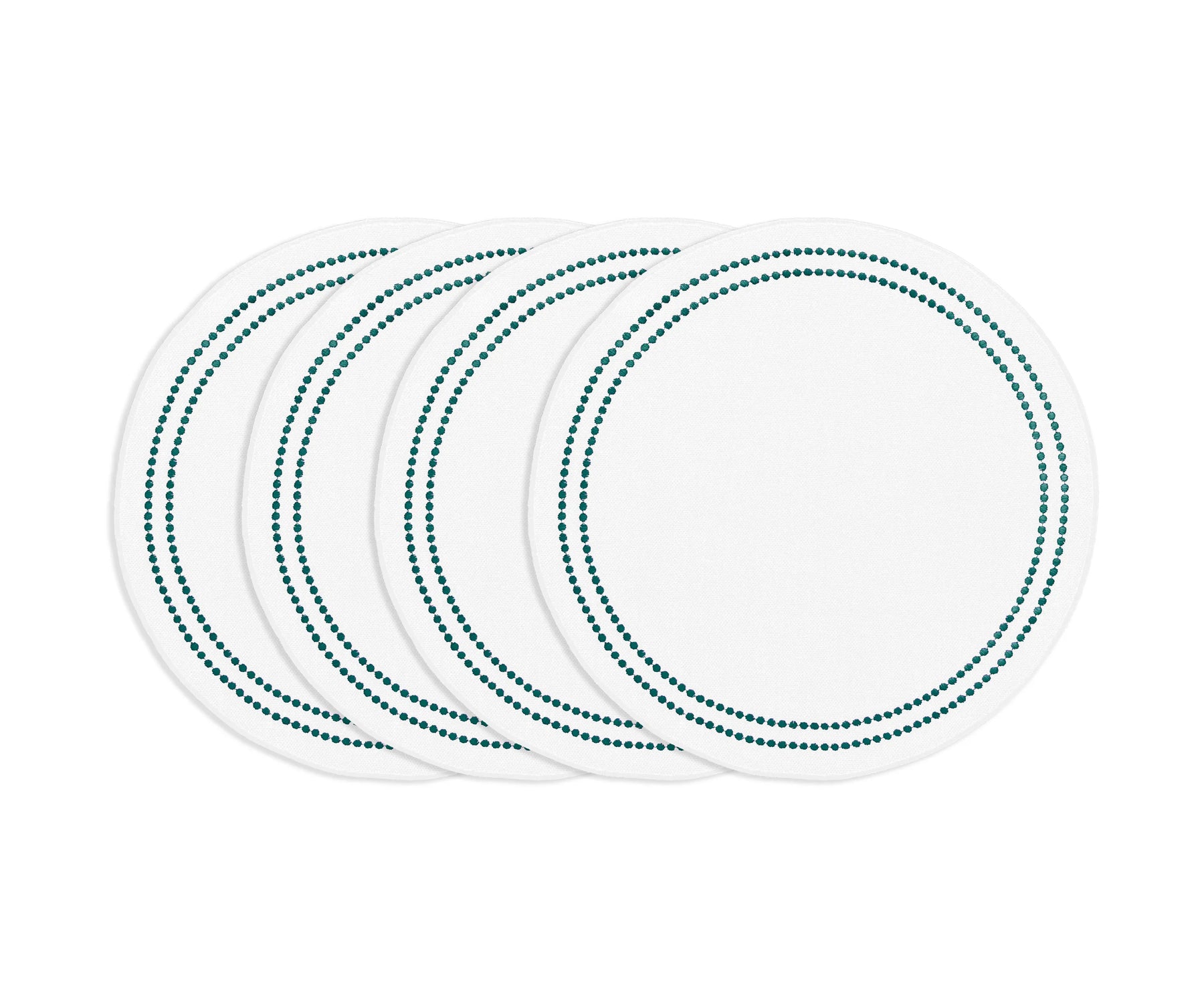 Green round cotton placemat with white embroidery and pearl accents, durable washable embroidered table accessory.
