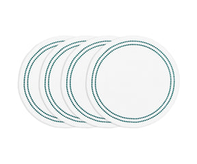 Green round cotton placemat with white embroidery and pearl accents, durable washable embroidered table accessory.
