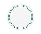 Green round cotton placemats with embroidered design and pearls accents on a dining table
