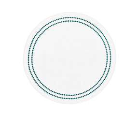 Green round cotton placemats with embroidered design and pearls accents on a dining table