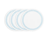 Light blue round cotton placemat with white embroidery and pearl accents, soft washable embroidered table mat for dining.