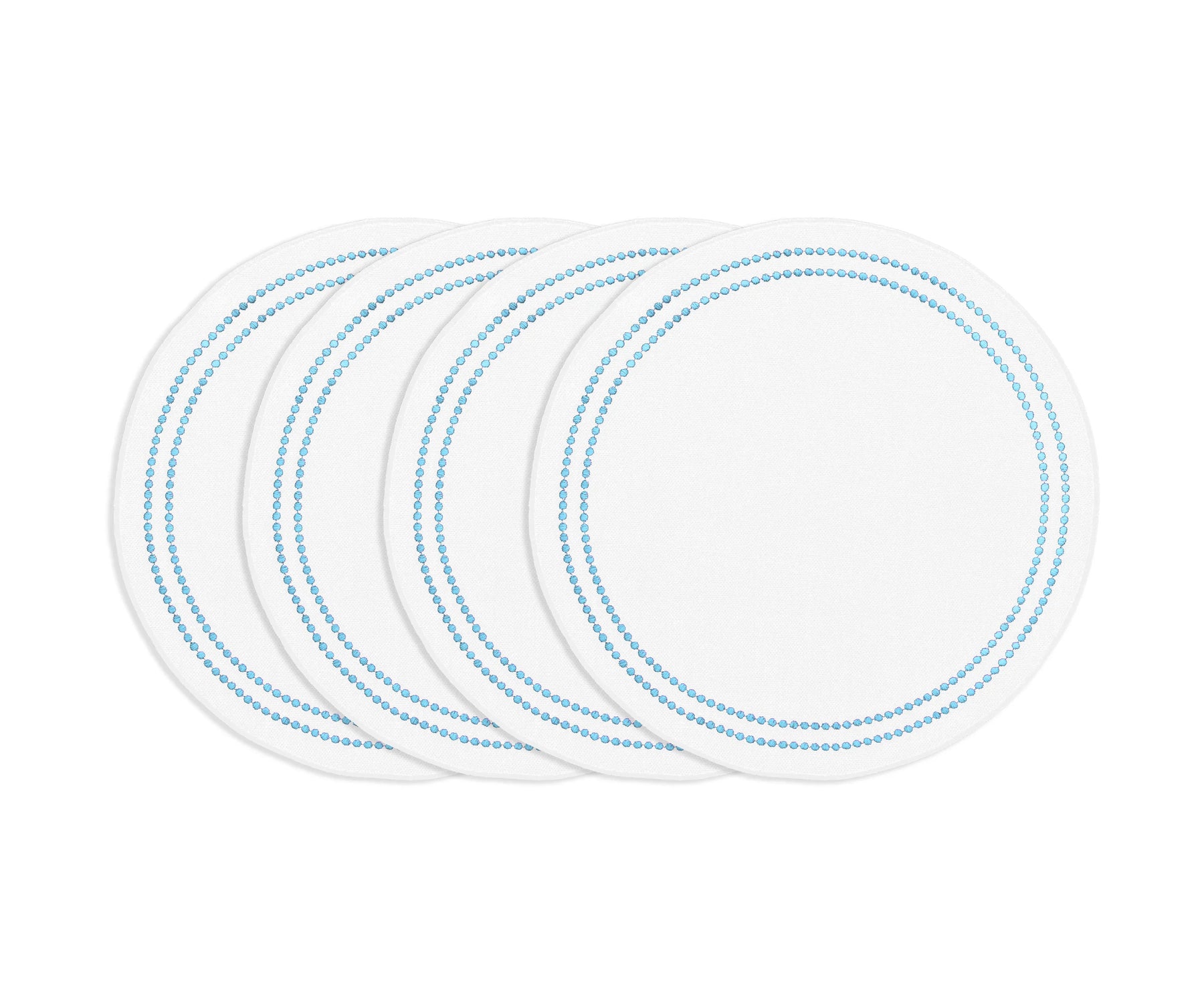 Light blue round cotton placemat with white embroidery and pearl accents, soft washable embroidered table mat for dining.