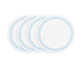 Light blue round cotton placemat with white embroidery and pearl accents, soft washable embroidered table mat for dining.