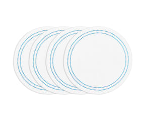 Light blue round cotton placemat with white embroidery and pearl accents, soft washable embroidered table mat for dining.