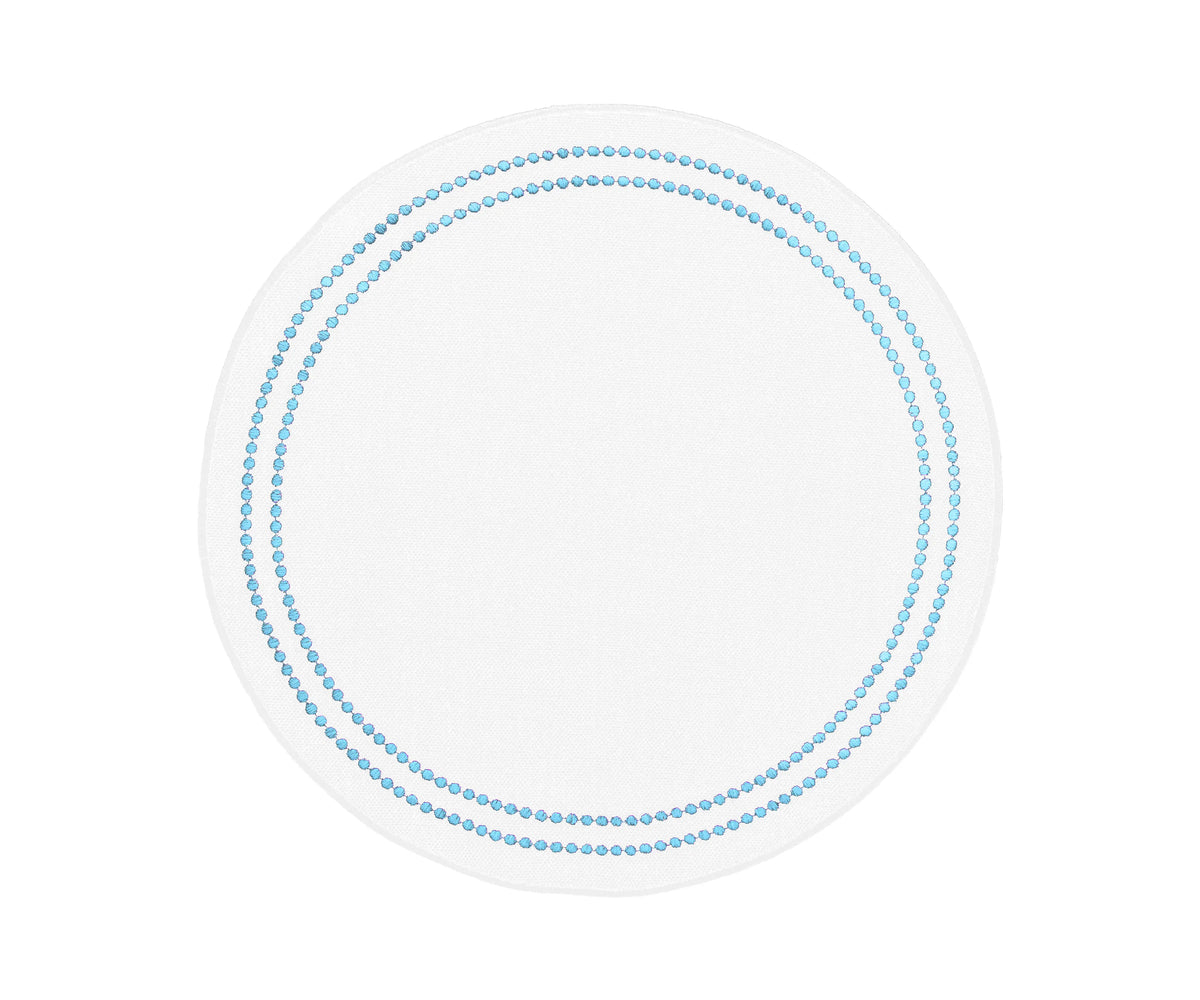 Light blue round cotton placemat with embroidery and pearl accents, washable and elegant for dining table décor.