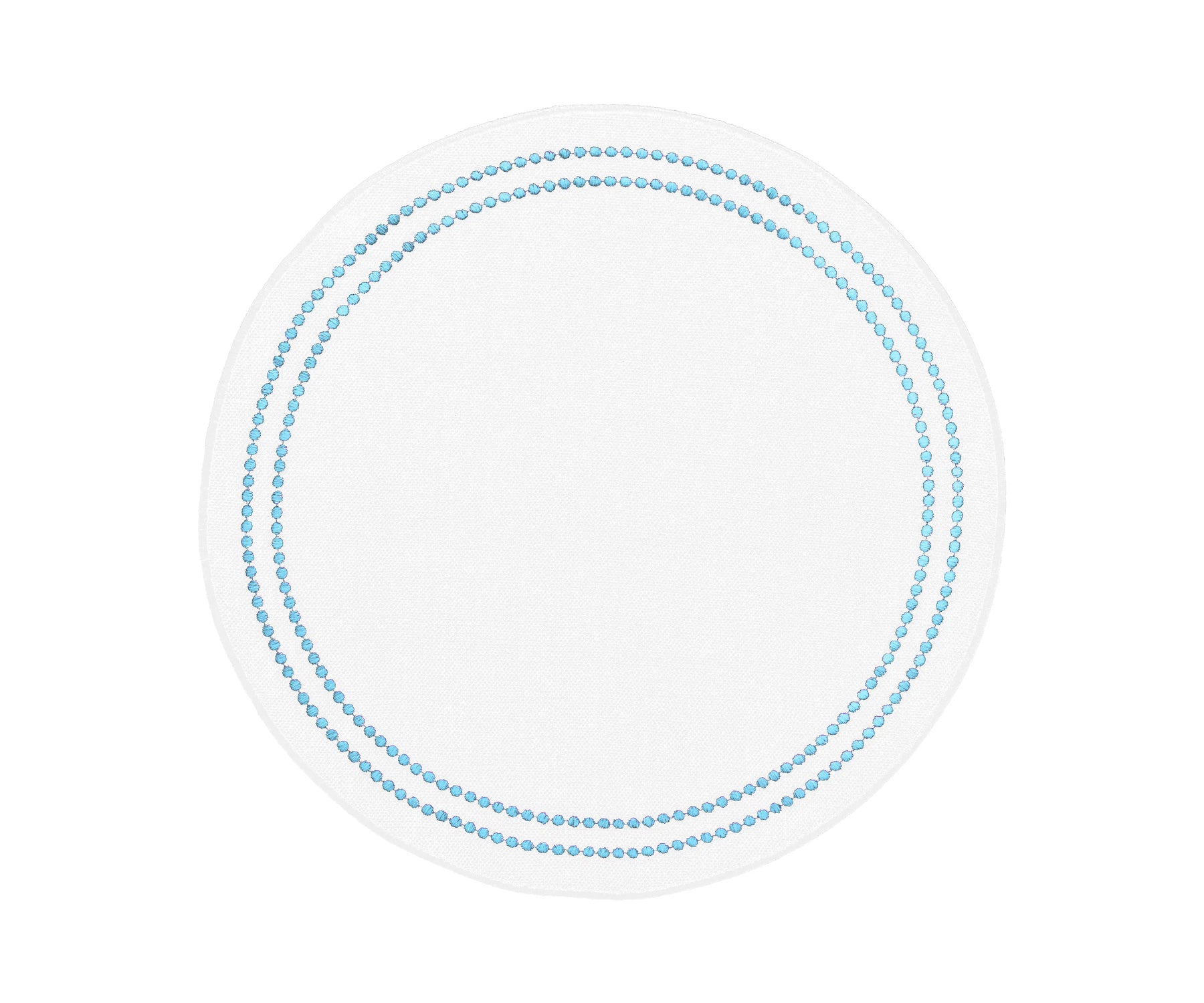 Light blue round cotton placemat with embroidery and pearl accents, washable and elegant for dining table décor.
