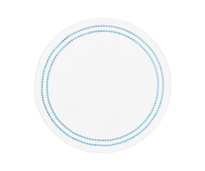 Light blue round cotton placemat with embroidery and pearl accents, washable and elegant for dining table décor.