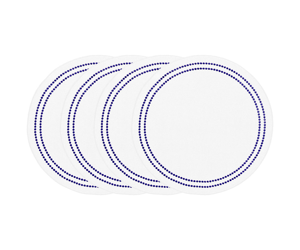 Navy blue round cotton placemat with white embroidery and pearl accents, sophisticated washable dining table mat.