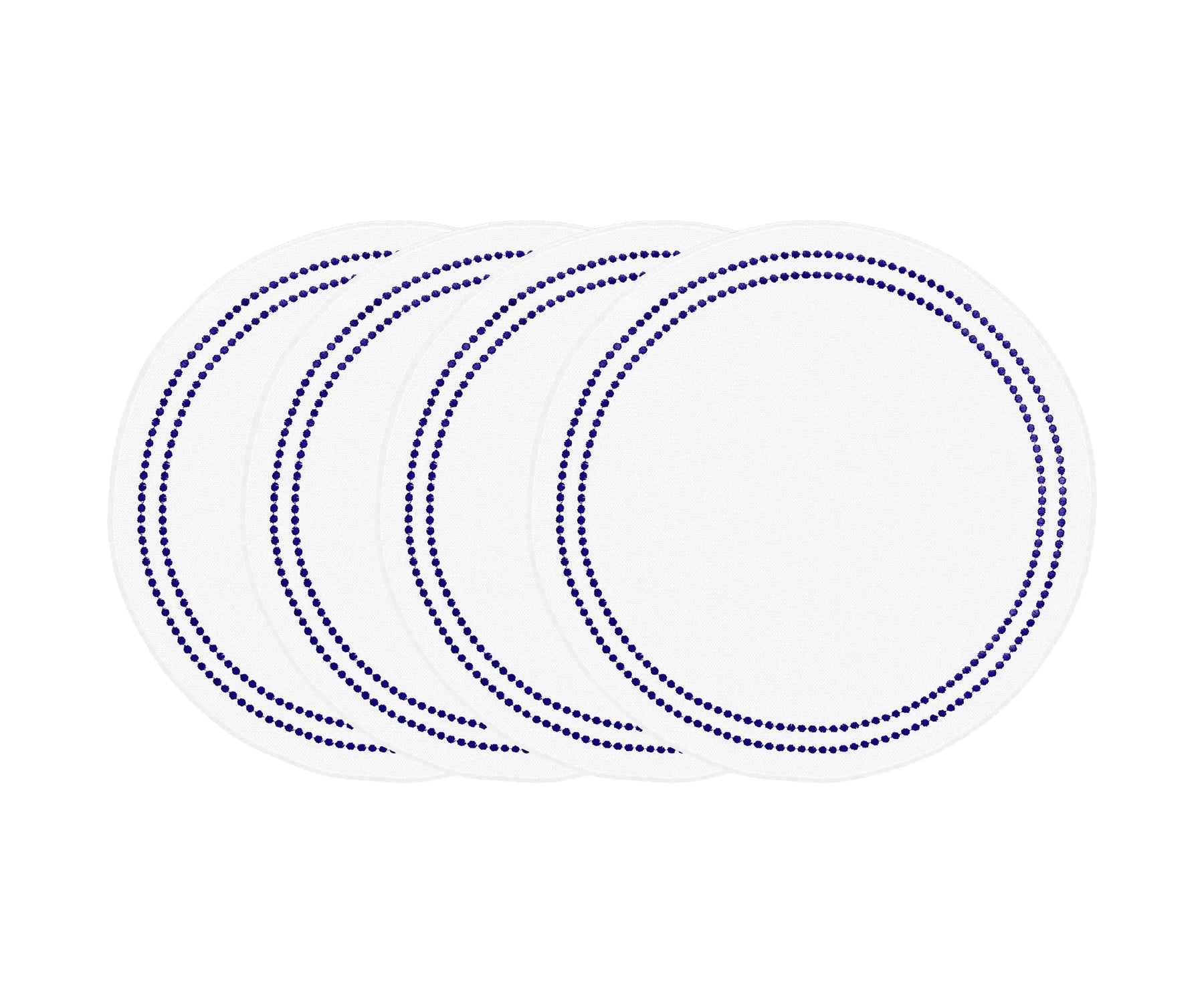 Navy blue round cotton placemat with white embroidery and pearl accents, sophisticated washable dining table mat.