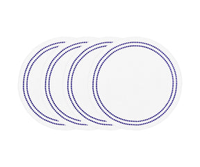 Navy blue round cotton placemat with white embroidery and pearl accents, sophisticated washable dining table mat.
