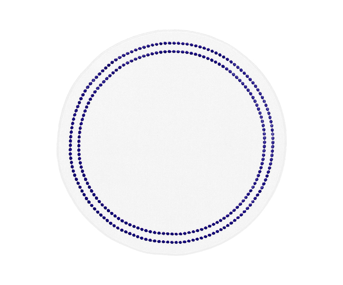 Round navy blue cotton placemat with white embroidery and pearls accent, washable and elegant table décor