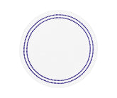 Round navy blue cotton placemat with white embroidery and pearls accent, washable and elegant table décor
