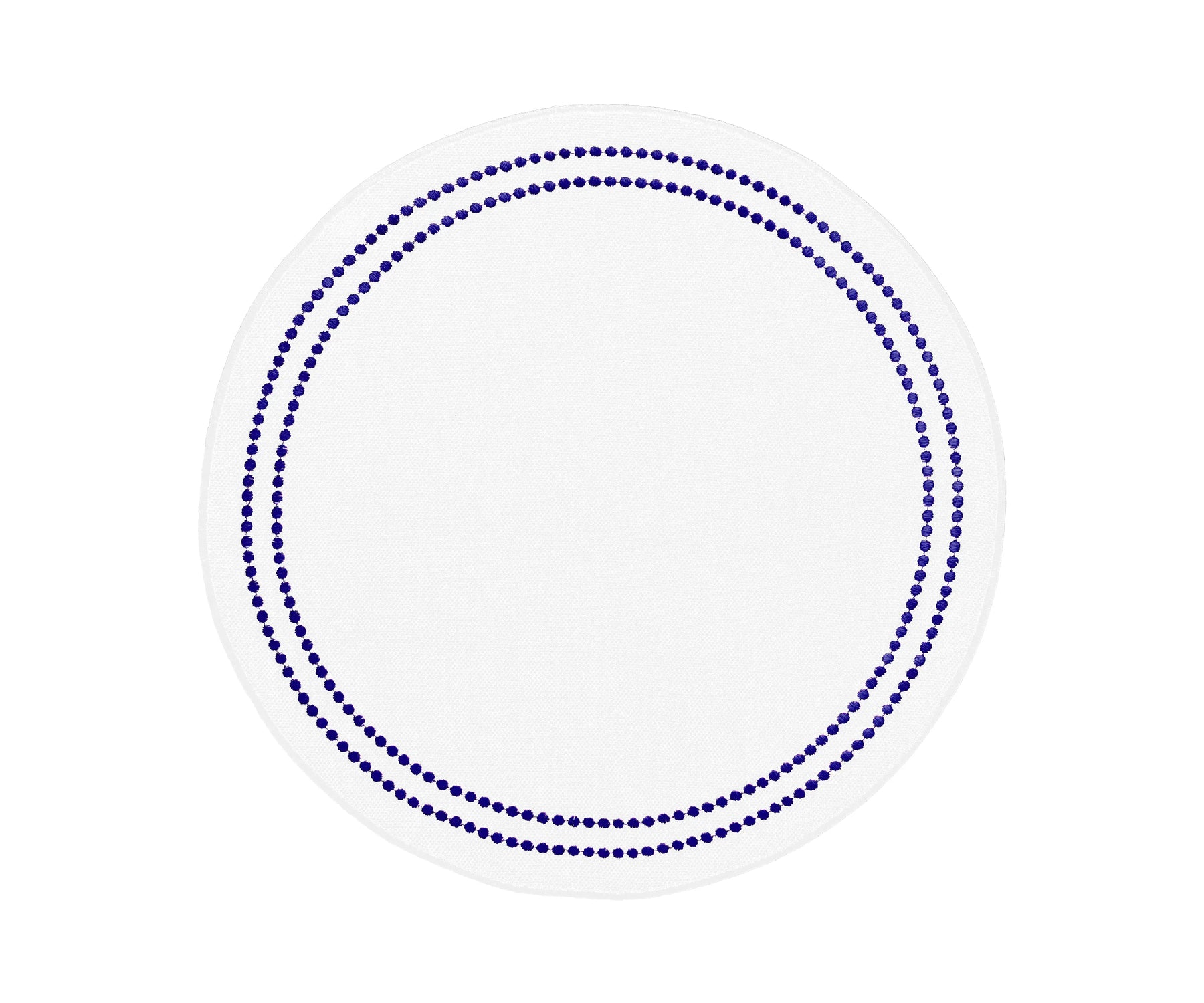 Round navy blue cotton placemat with white embroidery and pearls accent, washable and elegant table décor