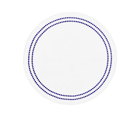 Round navy blue cotton placemat with white embroidery and pearls accent, washable and elegant table décor