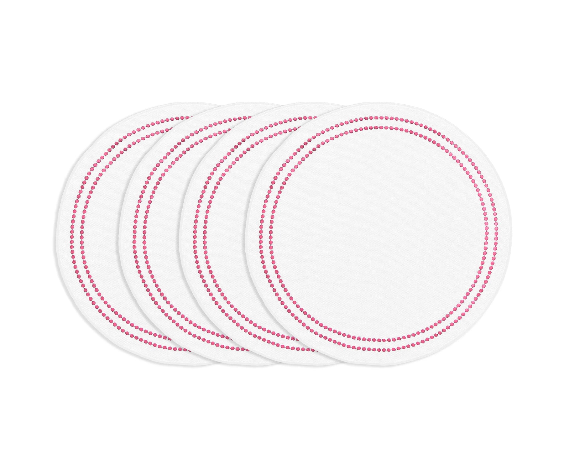 Peony round cotton placemat with white embroidery and pearl accents, elegant washable table decor for dining table.