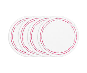 Peony round cotton placemat with white embroidery and pearl accents, elegant washable table decor for dining table.