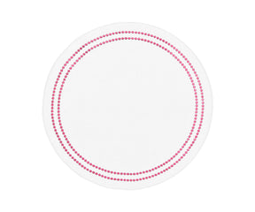 Round peony cotton placemat with embroidered floral design and dot trim on a dining table