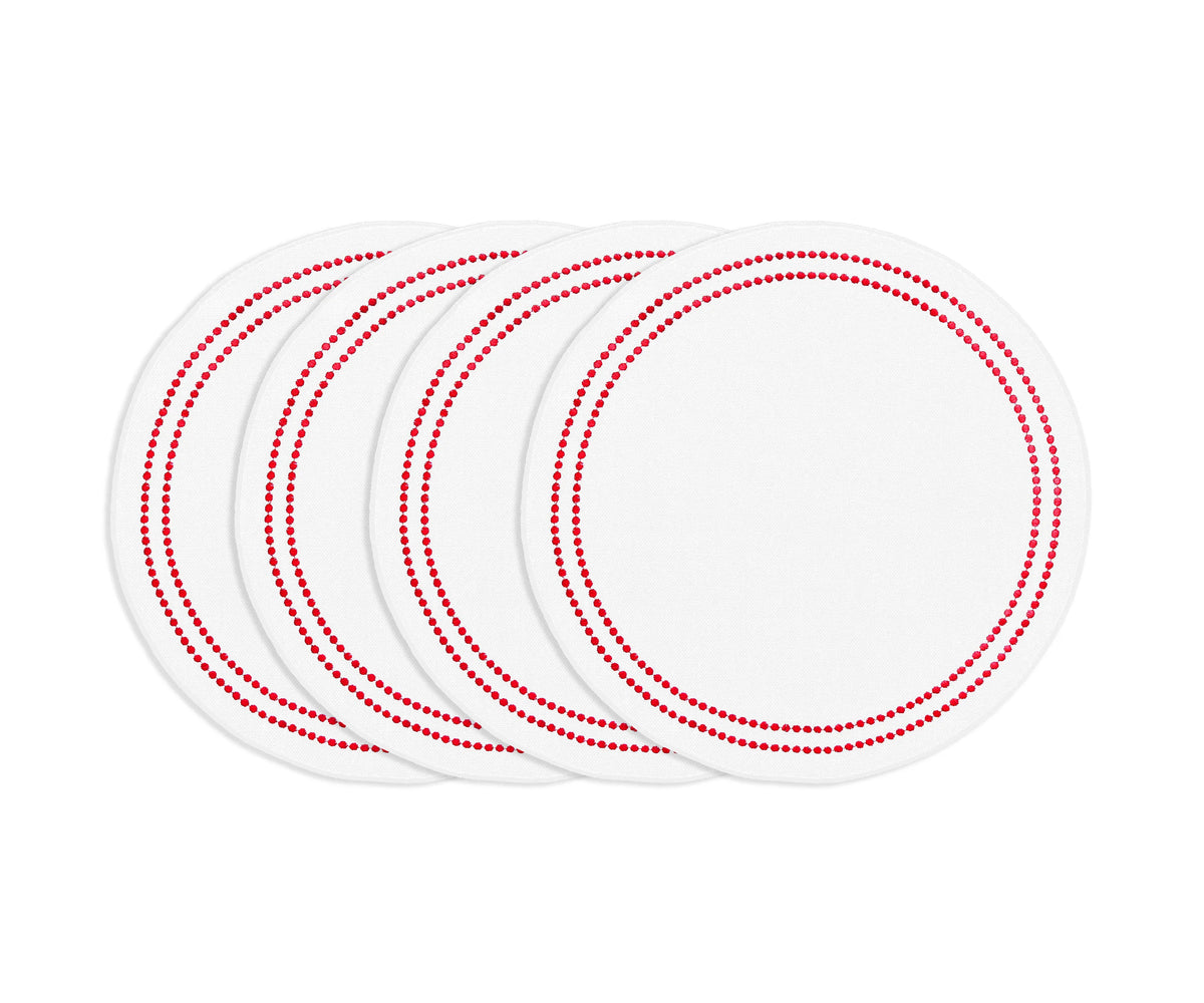 Red round cotton placemat with white embroidery and pearl accents, reusable embroidered table mat for classic dining.