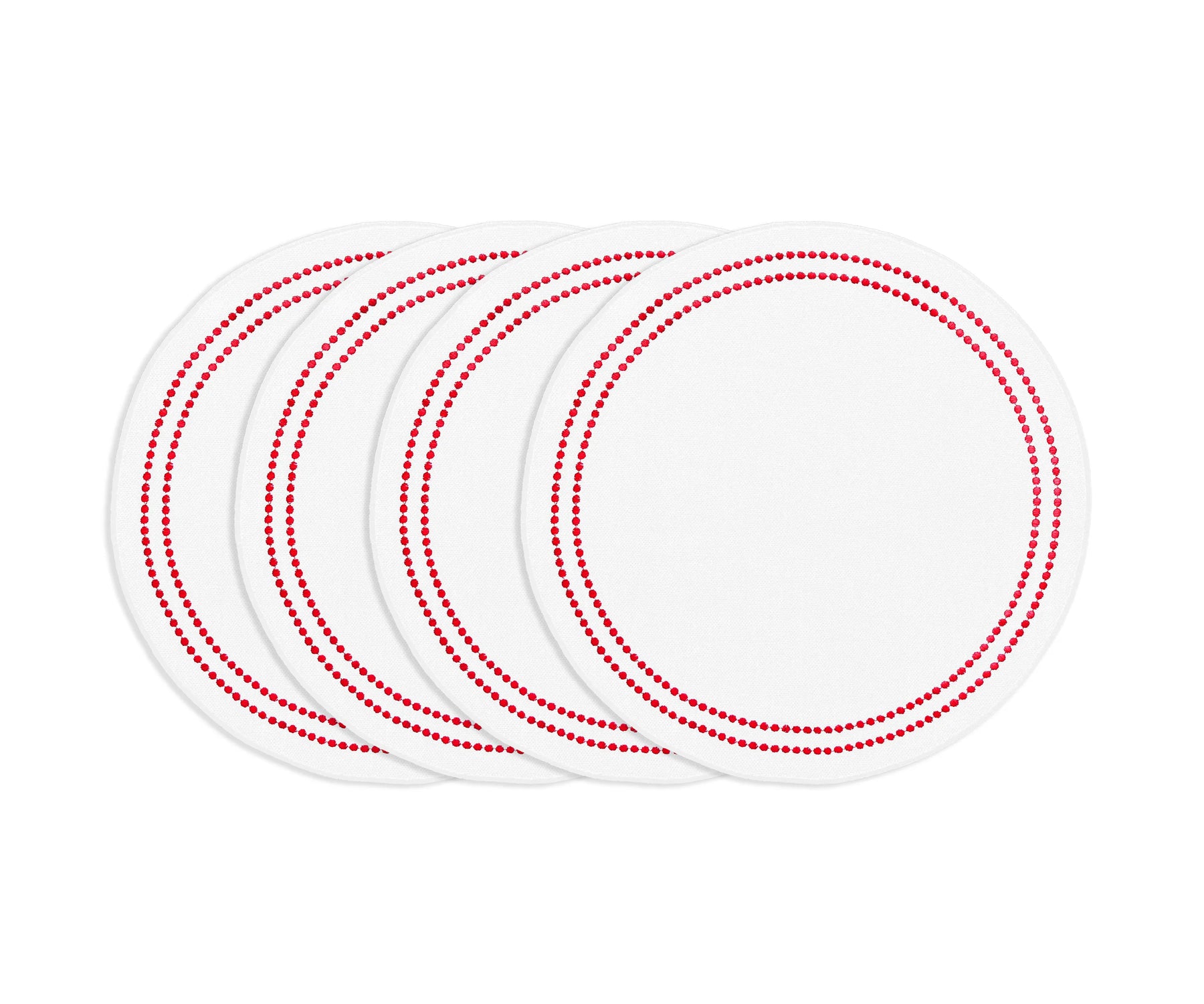Red round cotton placemat with white embroidery and pearl accents, reusable embroidered table mat for classic dining.