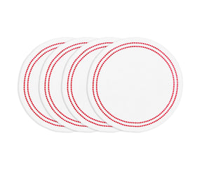Red round cotton placemat with white embroidery and pearl accents, reusable embroidered table mat for classic dining.