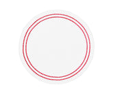 Red and white round cotton placemat with embroidered pearl design on dining table
