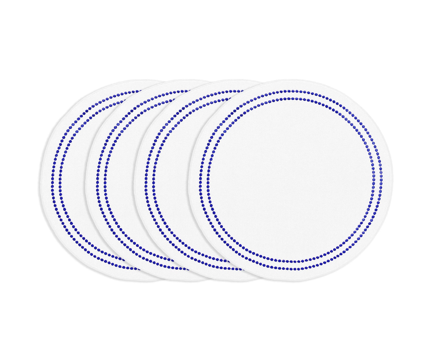 Royal blue round cotton placemat with white embroidery and pearl accents, stylish washable embroidered dining accessory.