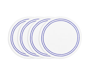 Royal blue round cotton placemat with white embroidery and pearl accents, stylish washable embroidered dining accessory.