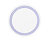 Royal blue round cotton placemats with delicate embroidery and pearl-inspired accents for elegant dining tables.