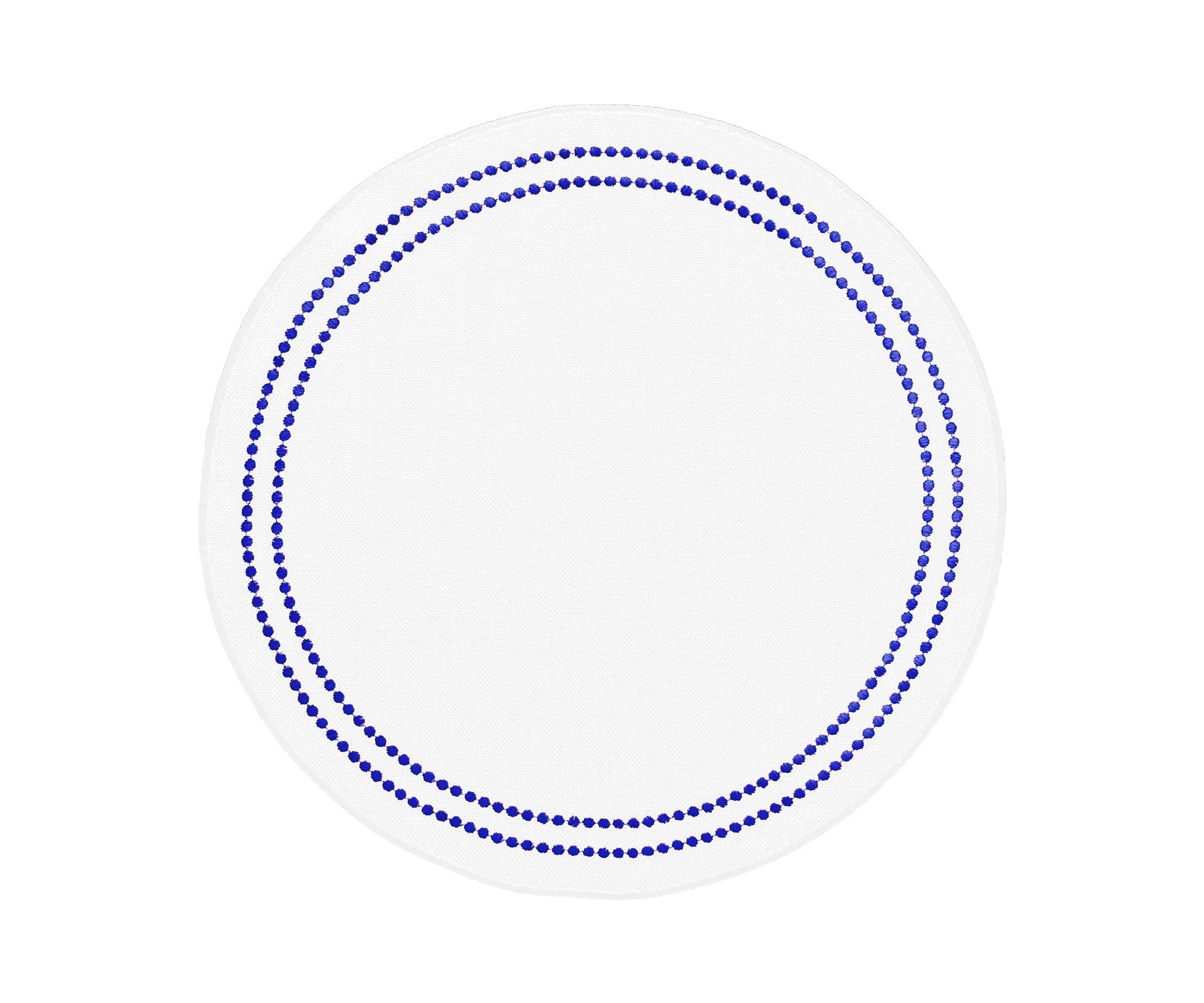 Royal blue round cotton placemats with delicate embroidery and pearl-inspired accents for elegant dining tables.