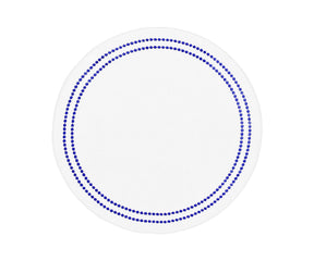 Royal blue round cotton placemats with delicate embroidery and pearl-inspired accents for elegant dining tables.