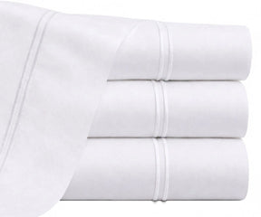 white hotel style flat sheet with double line embroidery cotton percale breathable soft luxury bedding minimal bedroom